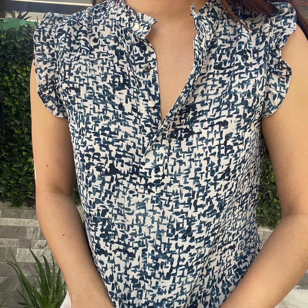 DKNY Blue Ruffled Blouse with Mandarin Collar